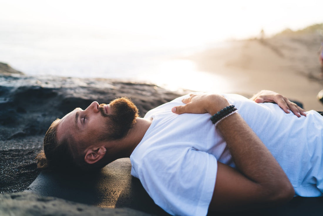Person taking a calm mindful breathing break during a busy day