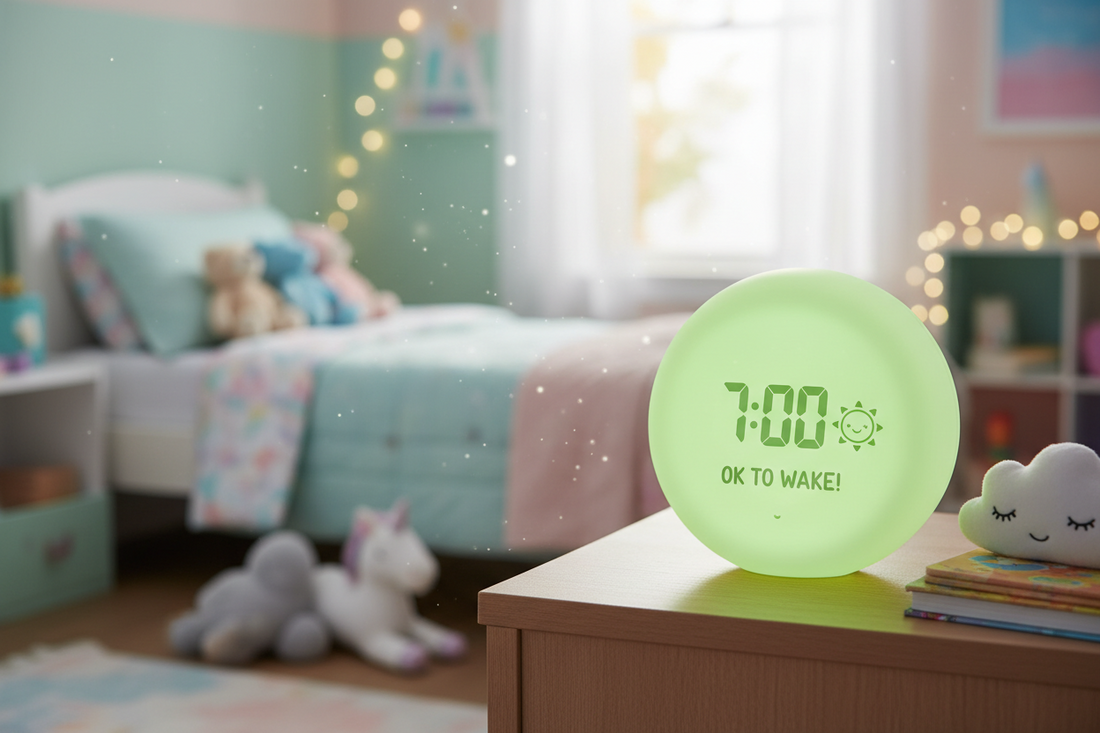 Toddler looking at an ok to wake clock glowing green in the morning