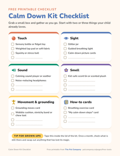Calm down kit checklist printable for kids, organized by the five senses