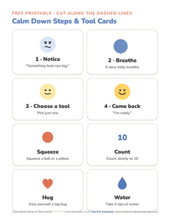 Printable calm down steps and tool cards to cut out for a calm down corner