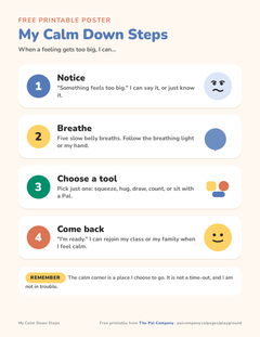 My Calm Down Steps printable poster: notice, breathe, choose a tool, come back