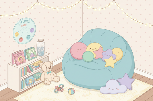 Calm down kit tools for kids arranged in a cozy corner