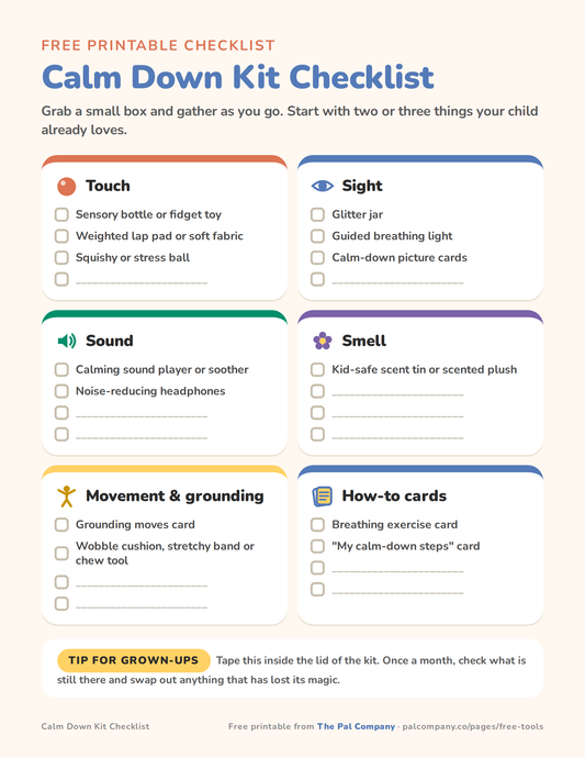 Calm down kit checklist printable for kids, organized by the five senses