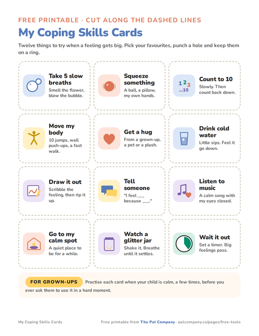 Coping skills cards printable for kids, 12 cut-out cards for big feelings