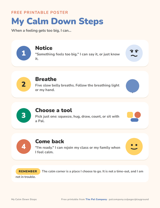 My Calm Down Steps printable poster: notice, breathe, choose a tool, come back