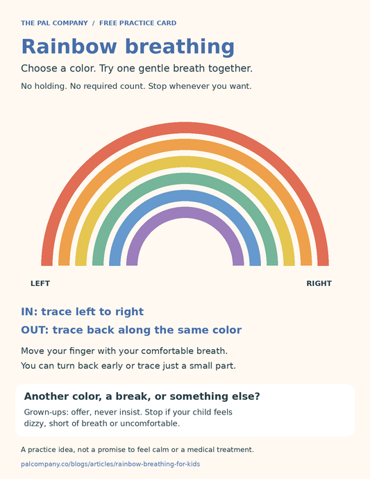 Rainbow breathing practice card with six colored arcs and gentle, optional breathing cues