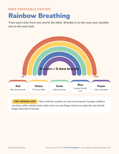 Free printable rainbow breathing poster for kids with five colored arcs to trace