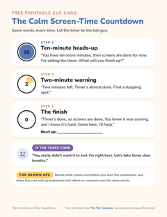 Calm screen-time countdown cue card printable for parents