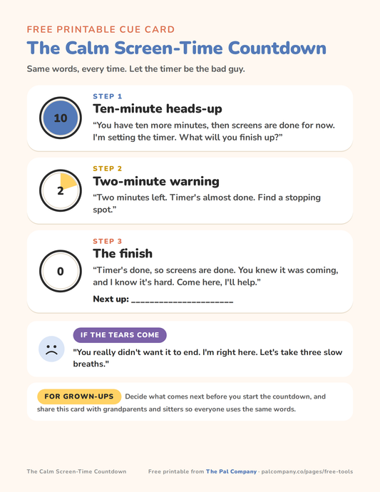 Calm screen-time countdown cue card printable for parents