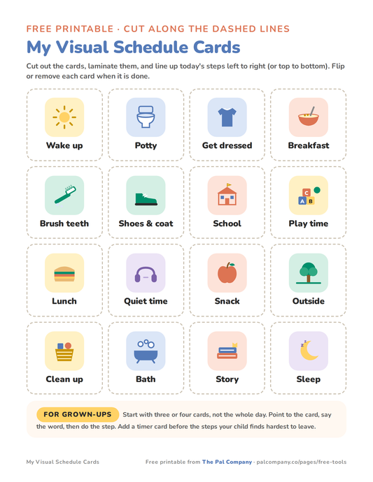 Visual schedule picture cards printable for kids, 16 cut-out daily routine cards